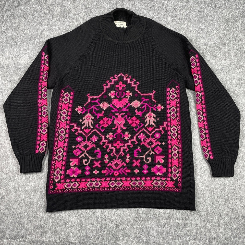 VTG Macys Sweater Womens 38 Small Black Pink Intarsia Knit 100% Virgin Wool 70s